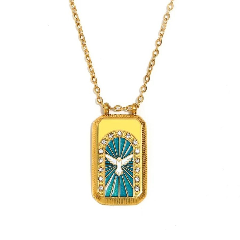 18K Gold Plated Stainless Steel Dove Pigeon Peace Pendant Necklace Tarot Card‎